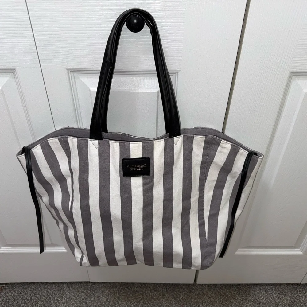 Victorias Secret Striped Canvas Tote Bag Gray White Beach Travel